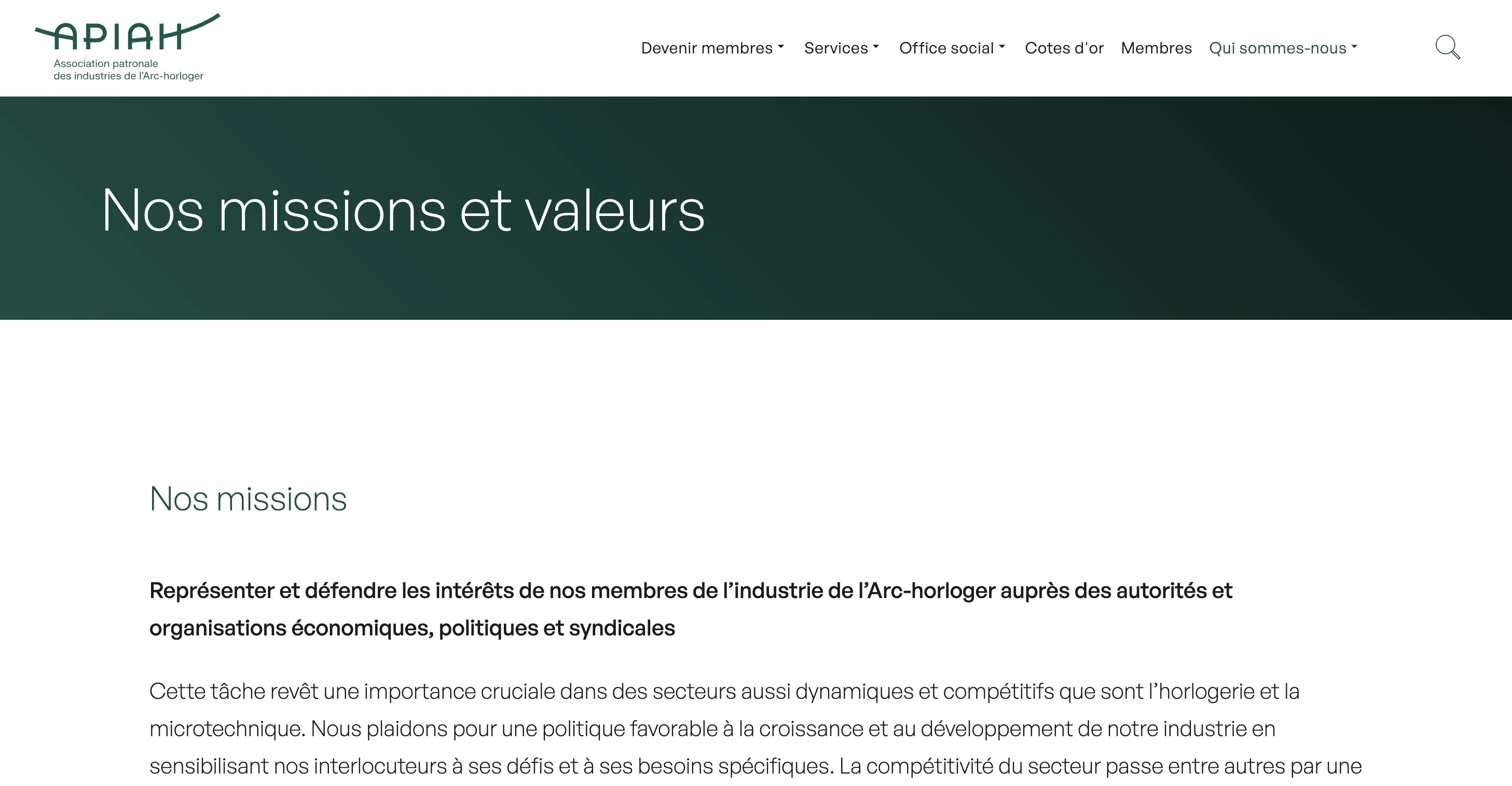 Page missions et valeurs de l’association APIAH à La Chaux-de-Fonds